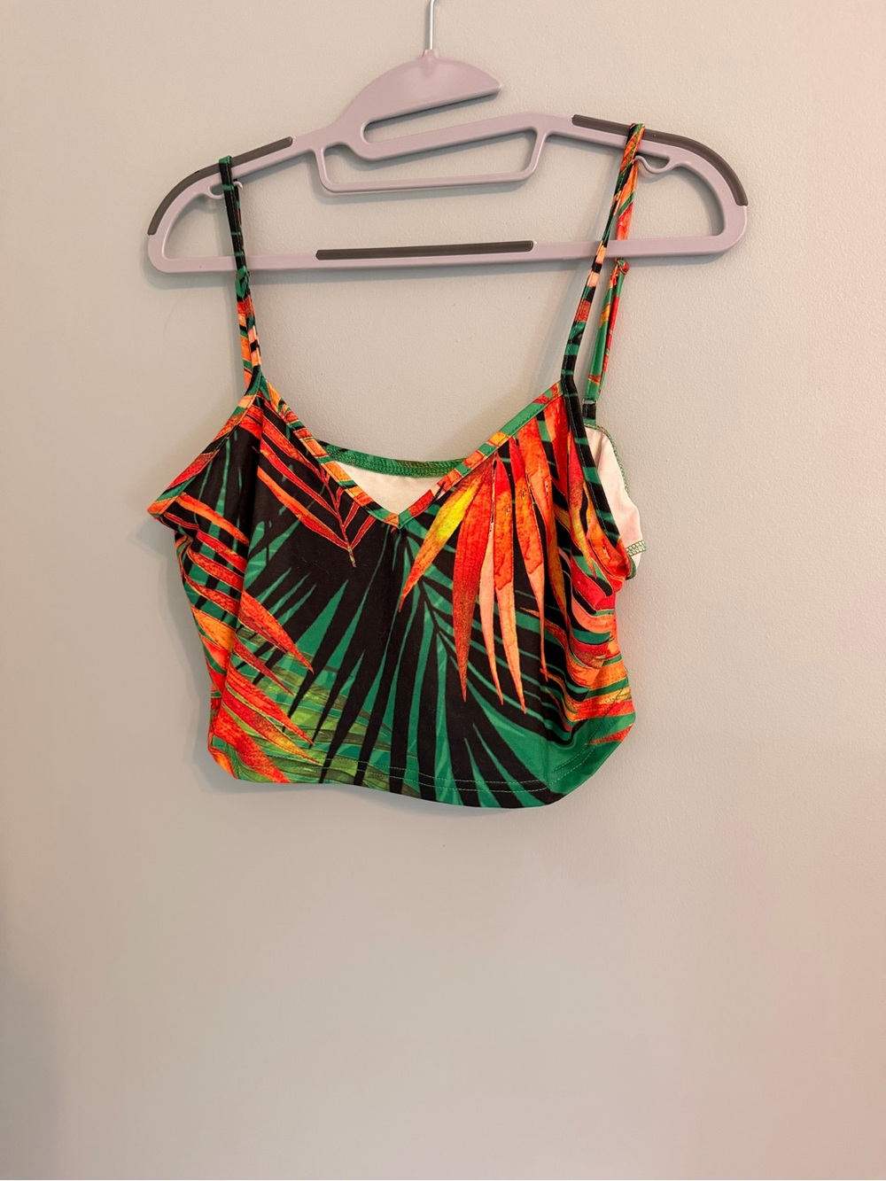 Tropical Print Spaghetti Strap Crop Top - Green/Orange